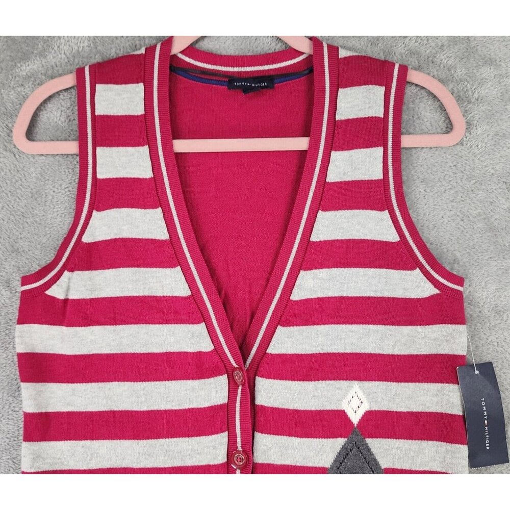 Tommy Hilfiger Sweater Vest Womens Medium Red Gray Striped Button Up Preppy - Picture 6 of 10